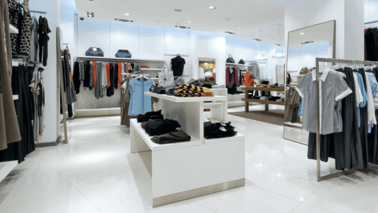 Picture of a clothing store, without customers, tidy and modern as a representation of a store in which retail loss prevention strategies can be applied.