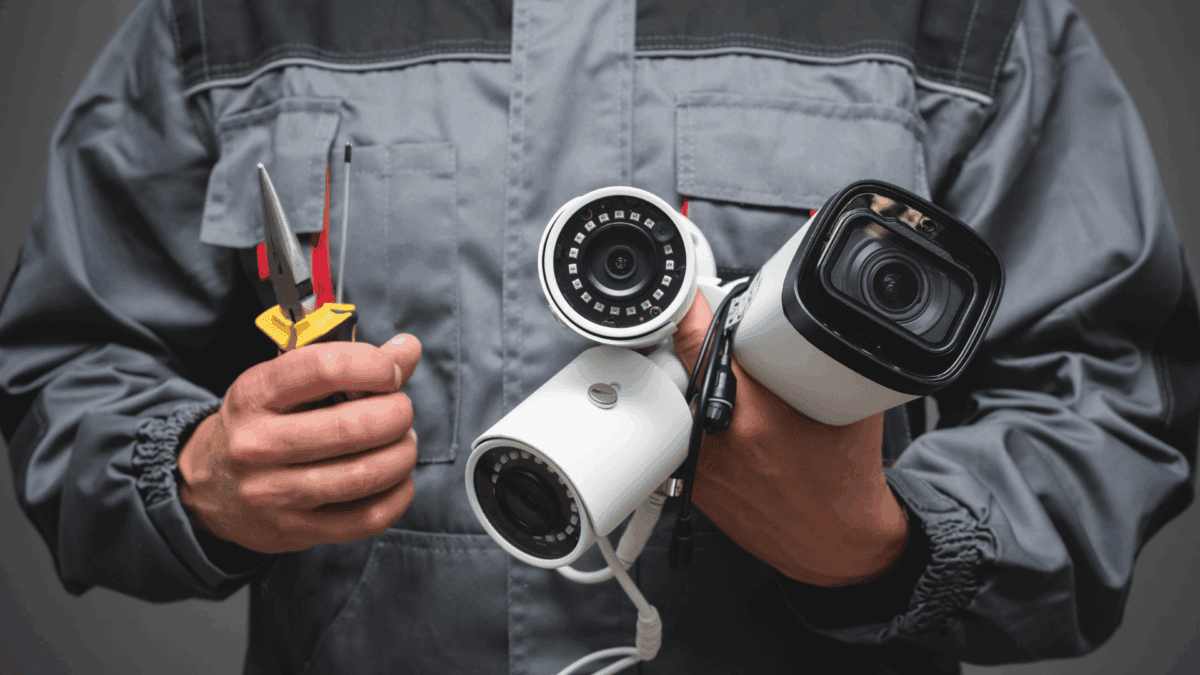Close-up shot of the chest of a man in overalls holding three security cameras and tools as a representation of retail safety solutions.