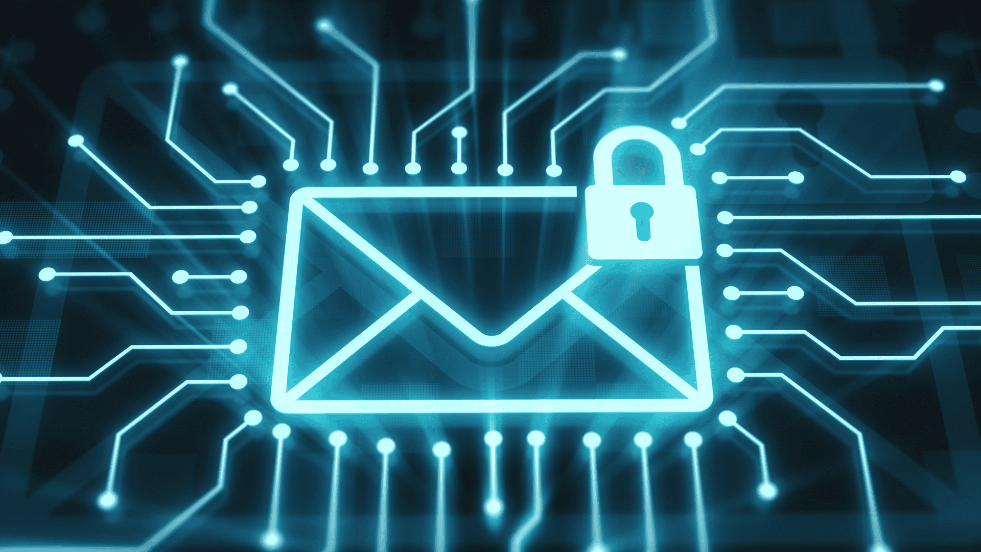 Digital illustration on a black background of an envelope with a padlock in the upper right corner.