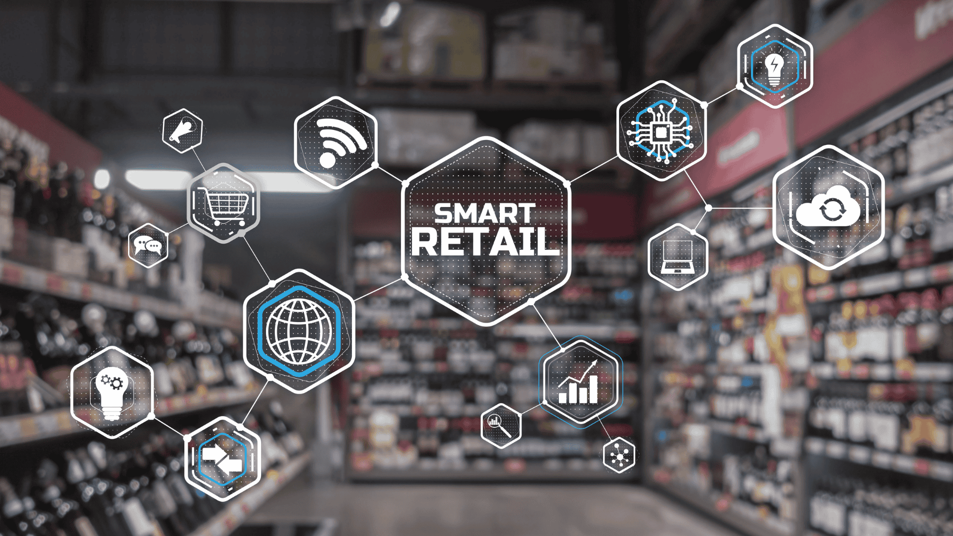 A retail store aisle is overlaid with futuristic icons representing technology, connectivity, and analytics, visually capturing the essence of customer experience in retail industry through smart retail innovations.