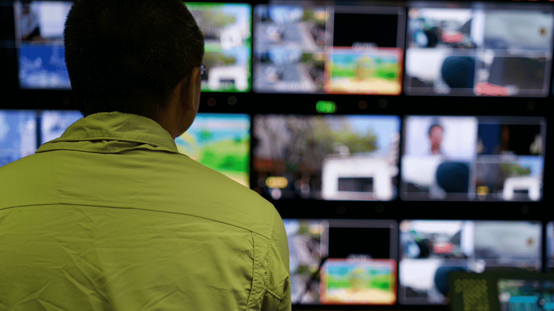 Shot from behind of a man analyzing security monitors as part of the situational awareness process.