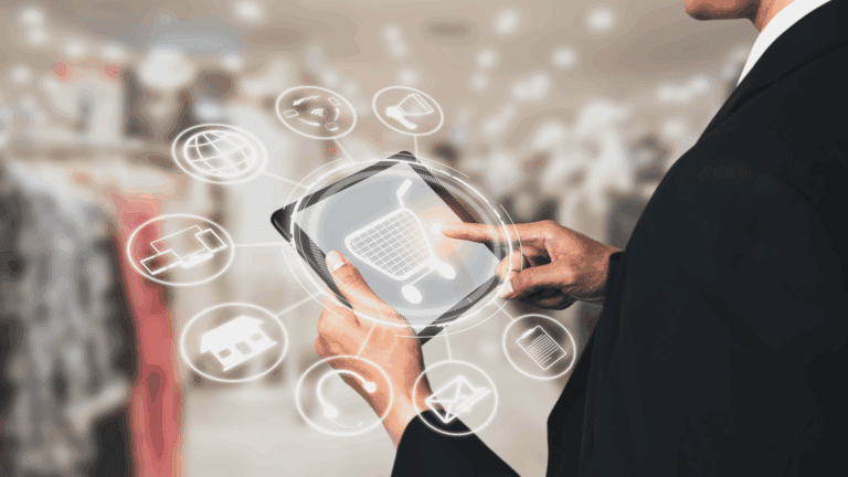 Image of a man in a department store holding a tablet. The tablet has a white illustration of a shopping cart in the center, and surrounding the tablet are various icons alluding to stores, shopping experiences, and retail safety.