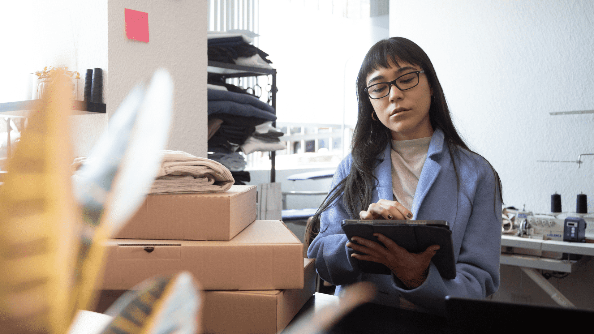 Woman taking inventory in a warehouse to detect inventory shrinkage.