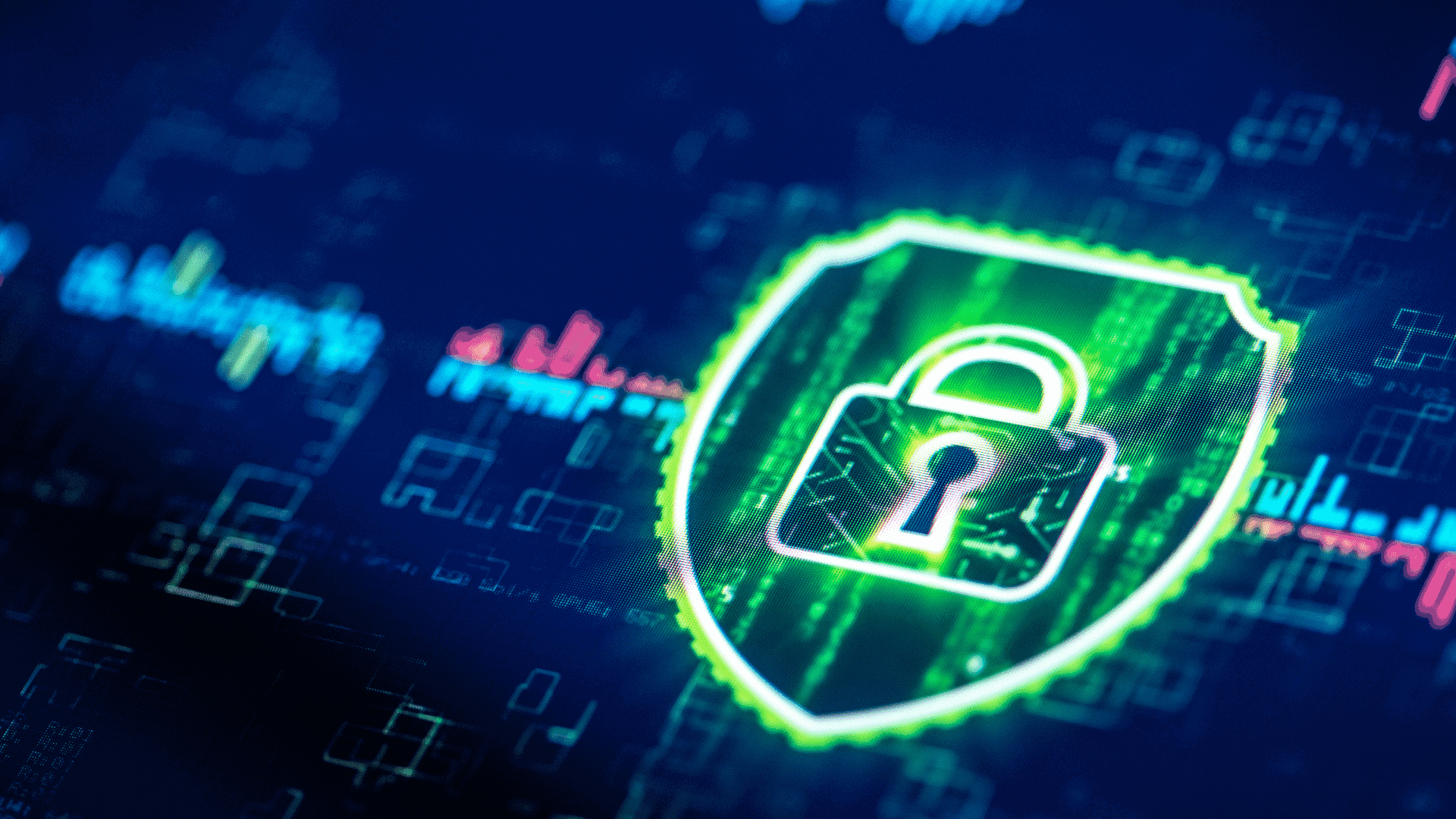 Digital illustration of a green lock over a shild on a blue background with data as a representation of AI in security.