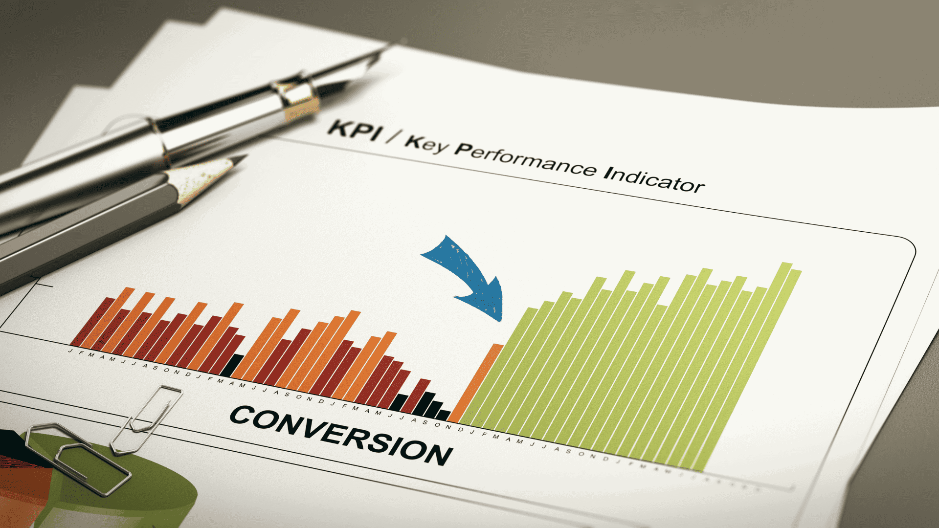 Photograph of a sheet of paper, part of a report, with graphs showing the key performance indicator "Conversion rates".