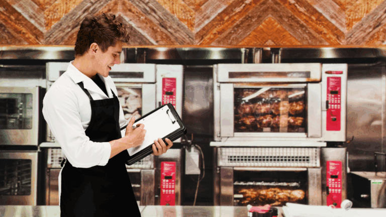 Image of a young man wearing a black apron and holding a clipboard reviewing a restaurant loss prevention checklist.