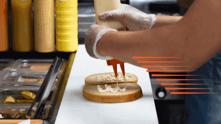 Close-up of a person putting dressing on a couple of pieces of bread as an example of QSR speed of service.