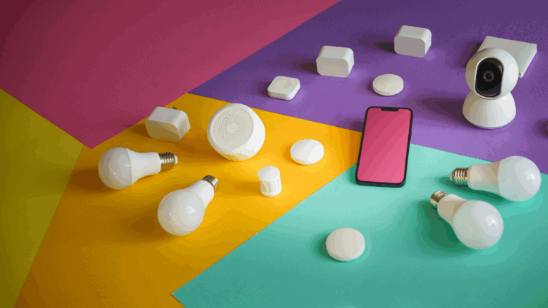A modern AI security camera sits on a colorful background surrounded by smart home devices, light bulbs, and a smartphone, visually representing the interconnected ecosystem powered by an AI security camera.