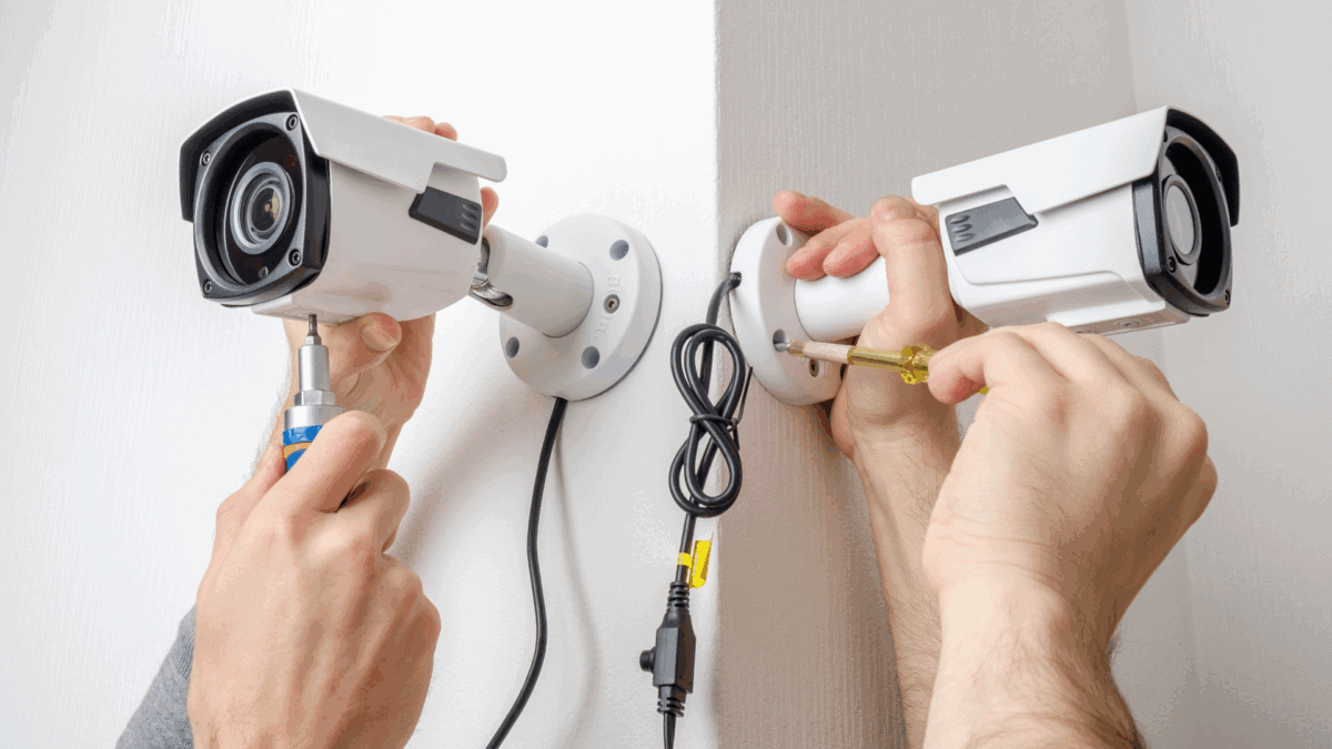 Two people install bullet-style security cameras on a corner wall, representing one of the many types of security cameras used for monitoring indoor and outdoor spaces.