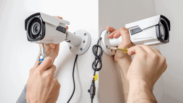 Two people install bullet-style security cameras on a corner wall, representing one of the many types of security cameras used for monitoring indoor and outdoor spaces.