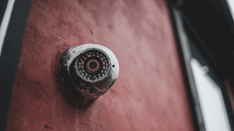 A weathered security camera mounted on a red wall symbolizes early surveillance technology, visually referencing the history of security cameras and their evolution over time.