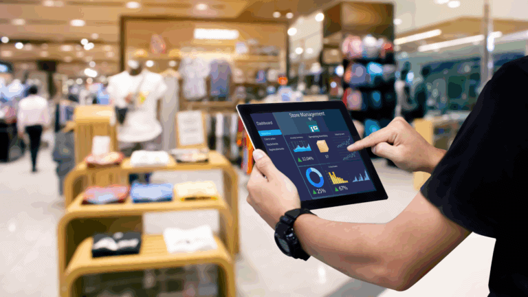 A retail manager uses a tablet with sales data, illustrating average retail sales Per square foot.