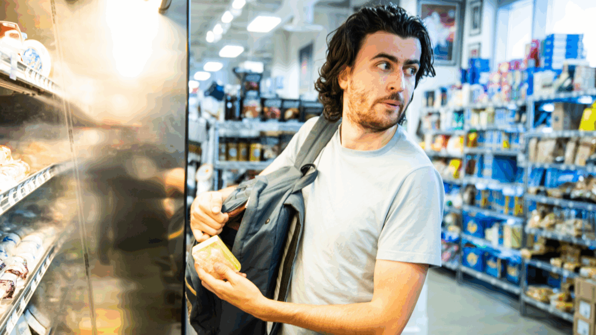 A man in a grocery store glances nervously over his shoulder while slipping a packaged item into his backpack, visually demonstrating “How to spot a shoplifter” through suspicious behavior and concealment of merchandise.