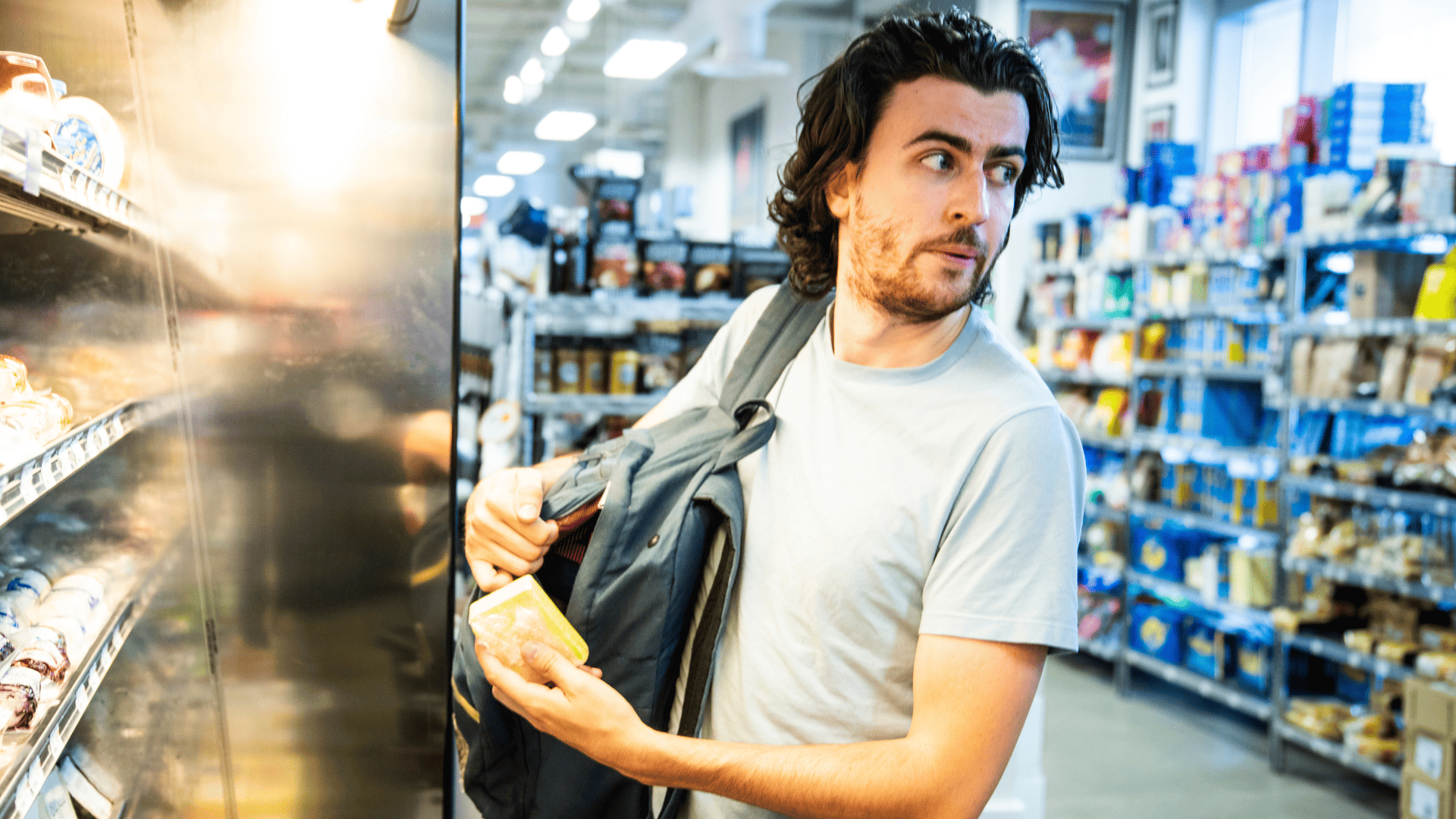 A man in a grocery store glances nervously over his shoulder while slipping a packaged item into his backpack, visually demonstrating “How to spot a shoplifter” through suspicious behavior and concealment of merchandise.