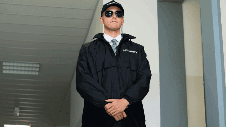 A security guard stands watchfully in a hallway, representing retail store safety guidelines that help ensure customer and staff protection.