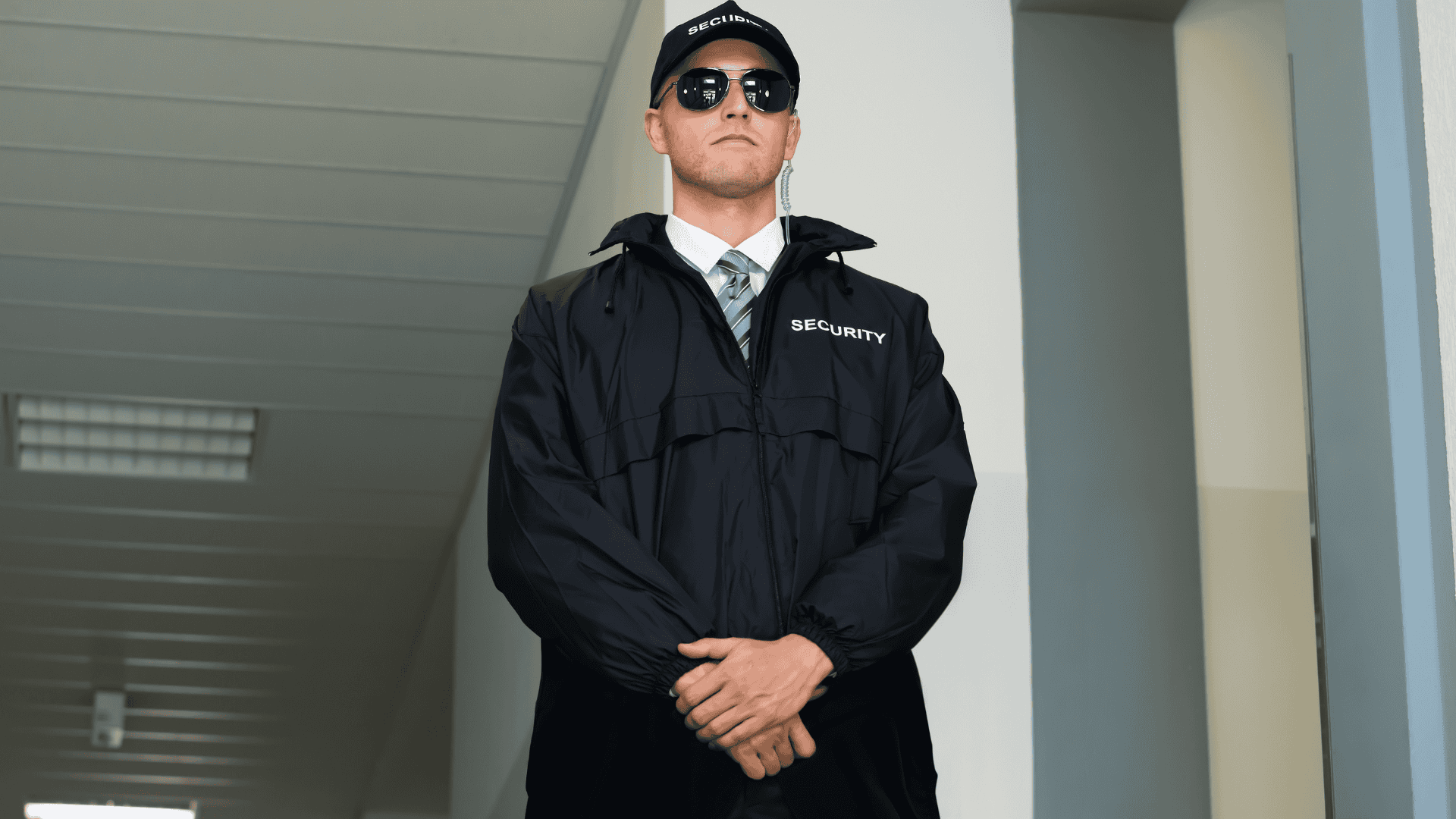 A security guard stands watchfully in a hallway, representing retail store safety guidelines that help ensure customer and staff protection.