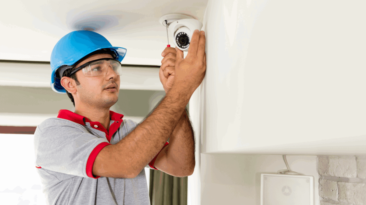 A technician wearing safety gear adjusts a dome security camera mounted on the ceiling, demonstrating a common scenario in troubleshooting offline security cameras.