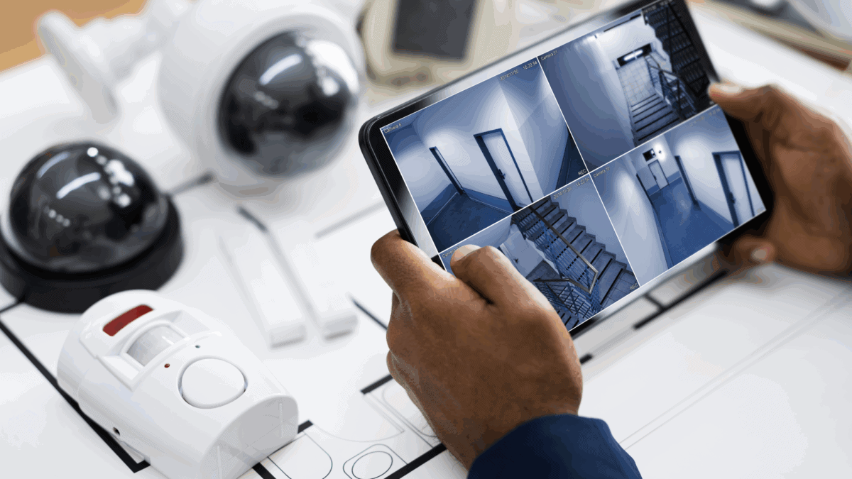 A person holds a tablet displaying multiple live camera feeds from a building interior, surrounded by various security devices, illustrating the use and functionality of a CCTV monitor in surveillance systems.
