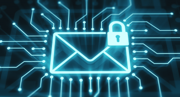 Digital illustration on a black background of an envelope with a padlock in the upper right corner.