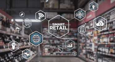 A retail store aisle is overlaid with futuristic icons representing technology, connectivity, and analytics, visually capturing the essence of customer experience in retail industry through smart retail innovations.