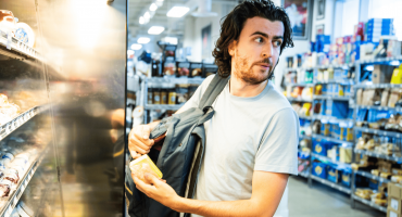 A man in a grocery store glances nervously over his shoulder while slipping a packaged item into his backpack, visually demonstrating “How to spot a shoplifter” through suspicious behavior and concealment of merchandise.