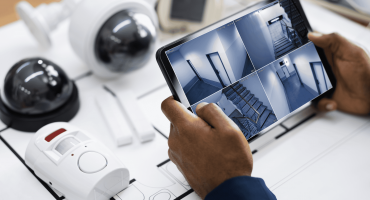 A person holds a tablet displaying multiple live camera feeds from a building interior, surrounded by various security devices, illustrating the use and functionality of a CCTV monitor in surveillance systems.